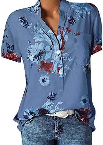 Gufesf Kadın Kısa Kollu Üstleri 2023 Yaz Düğmesi V Boyun T Shirt Gevşek Bluzlar Şık Rahat Çiçek Grafik Tees S-5XL