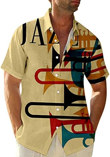 XXVR erkek Casual Düğme Aşağı Kısa Kollu Gömlek Yaz Plaj Düzenli Fit Vintage Caz Müzik Baskı Hawaii Gömlek Tops