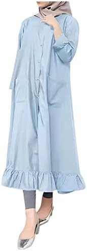 Bahar Elbiseler, Düz Renk Yuvarlak Boyun Düğmesi Erişim Kontrolü Cep Uzun Kollu Fırfır Etek Salıncak uzun elbise Elbise