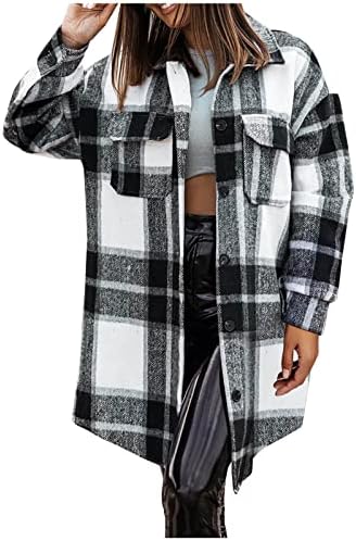 Dnuri Uzun Ekose Yün Ceket kadın Rahat Sıcak Kışlık Mont Düğme Yaka Cep Palto Trençkot Ceket Giyim