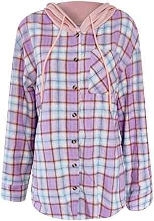ıCODOD Bayan Ekose Gömlek Shacket Ceket Kadınlar Uzun Kollu Gömlek Üst Düğme Aşağı Bluzlar Hoodie Sonbahar Ceketler Kadınlar