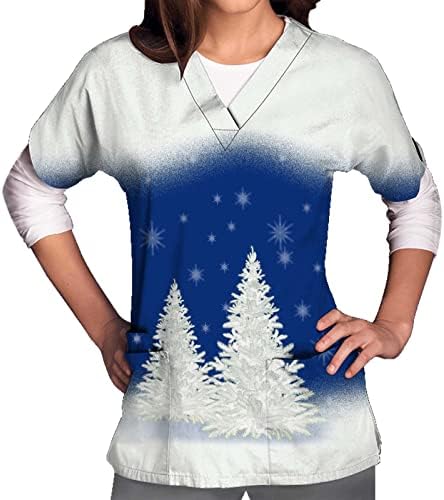Noel Ağacı Baskı Tişörtleri Kadınlar için Hemşire Çalışma Üniformaları Üstleri V Boyun Kısa Kollu Kazak Bluz Cep ile