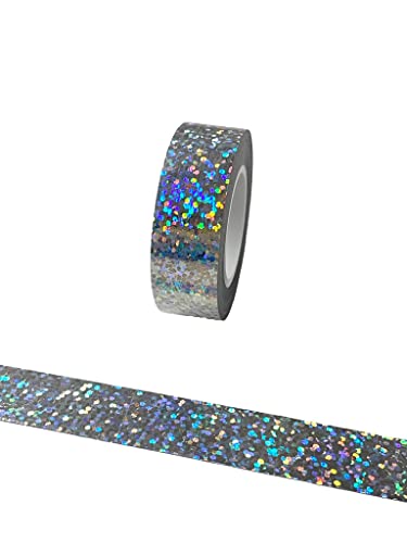 Syntego Katı Folyo Holografik Glitter Etkisi Washi Bant Dekoratif Kendinden Yapışkanlı Maskeleme Bandı 15mm x 5 m (Gümüş)