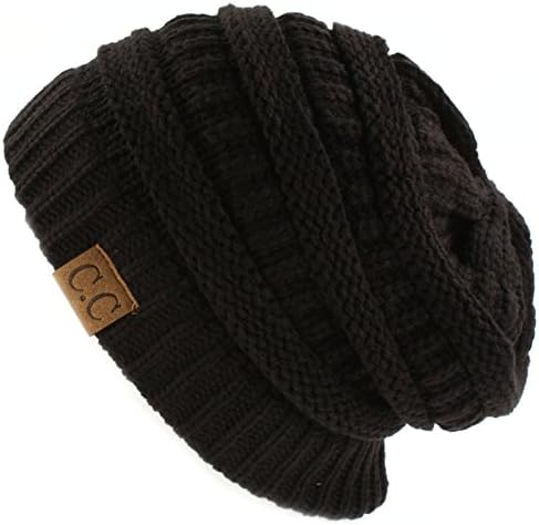 Unisex Kış Tıknaz Yumuşak Streç Kablo Örgü Slouch Beanie Skully Şapka Siyah