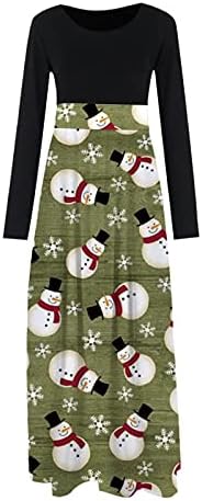 Bayan Noel Kar Tanesi Baskı Maxi Elbise Casual Crewneck Tunik Elbise Noel Uzun Kollu Yüksek Bel Uzun Festivali Elbiseler