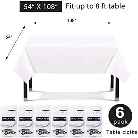 Beyaz 6'lı Paket Premium Tek Kullanımlık Plastik Masa Örtüsü Partiler için 54 x 108 Plastik Masa Örtüleri 8 Ft'ye Kadar Dikdörtgen