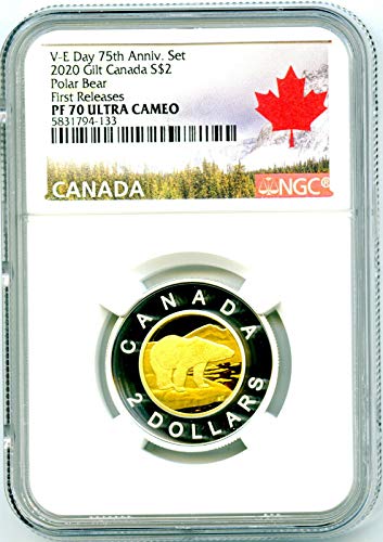 2020 Kanada Gümüş Geçirmez Toonie İki Dolarlık Yaldızlı Altın Kutup Ayısı İLK olarak 2 $PF70 NGC'Yİ piyasaya sürdü