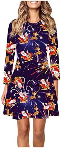 BADHUB Xmas_Dress Kadınlar Casual Kadın Şenlikli Desenler Noel Elbise A-line Mini Elbise Noel T-Shirt Mini Elbise