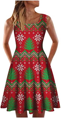 BADHUB Xmas_Dress Moda Kadın Yaz O-Boyun Noel Baskı Gevşek Rahat Kolsuz Elbise Fantezi Retro_Dress