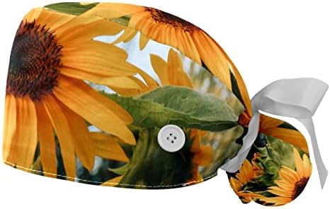 2 adet Çalışma Kap Düğmeleri ve Ter Bandı ile Doğa Çiçek Ayçiçeği Fırçalama Kap Kadınlar için Uzun Saç
