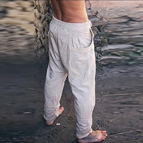 Erkek Rahat Pamuk Keten Pantolon Erkekler için İpli Rahat Yumuşak Elastik Bel Plaj Yoga Pantolon Cepler ile