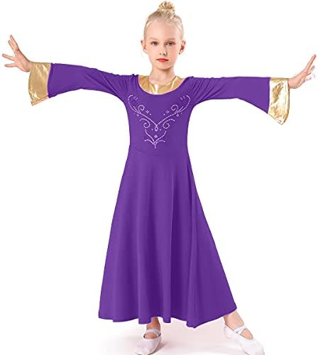 MYRİSAM Çocuk Kız Övgü Dans Elbise Liturjik Renk Blok Çan Kollu Taklidi Elbise Korosu İbadet Lirik Uzun Elbise
