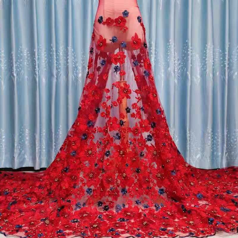 Annenearu Kırmızı 3D Boncuk Dantel Kumaş Örgü Nakış Aplike 3D Çiçek Tül Gelin Düğün için Nijeryalı Dantel Kumaşlar-Gelin
