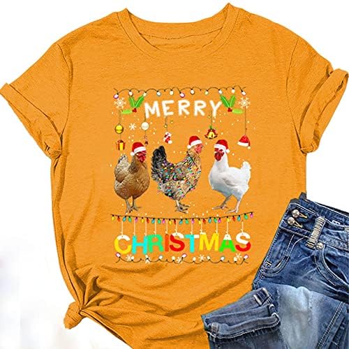Kadın Noel Kısa Kollu Tişörtler, Merry Christmas Tavuk Üstleri, Santa Şapka Bluz Kazak Crewneck T-Shirt
