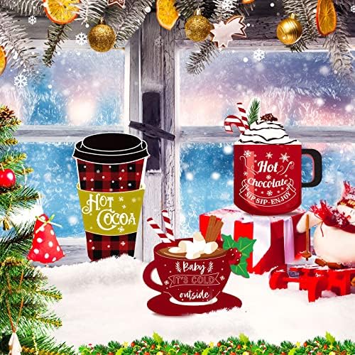 Sıcak Kış Ahşap İşareti 3 Adet Ahşap Sıcak Kakao Bar Dekorasyon Noel Masa Üstü Ahşap Blok işareti Noel Katmanlı Tepsi Sıcak