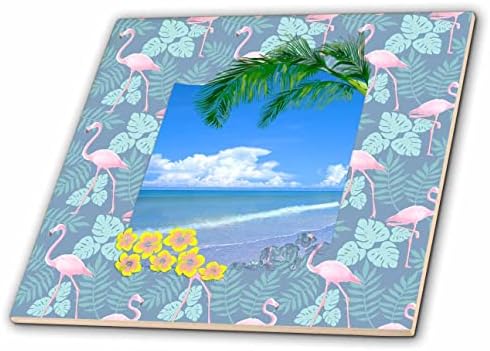 3tropikal çiçekler, palmiye ağaçları ve flamingo desenli bir plaj sahnesine dalın. - Fayans (ct_351623_1)