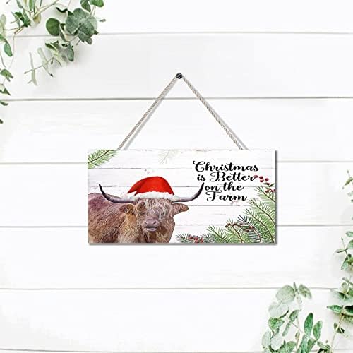 Noel Açık Sundurma İşareti Noel Çiftliği Noel Baba Şapkası İnek Ahşap Tahıl Ahşap Blok Plak Ön Kapı Çiftlik Evi Sundurma