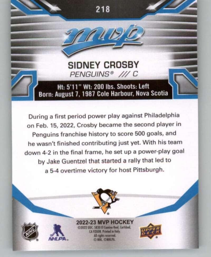 2022-23 Üst Güverte MVP 218 Sidney Crosby SP Kısa Baskı Pittsburgh Penguins NHL Hokey Ticaret Kartı