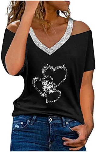 Kızlar Yıldız Kalp Aşk Grafik Tee 2023 Kısa Kollu Soğuk Omuz V Boyun Pamuk Taklidi Bluz T Shirt Bayan