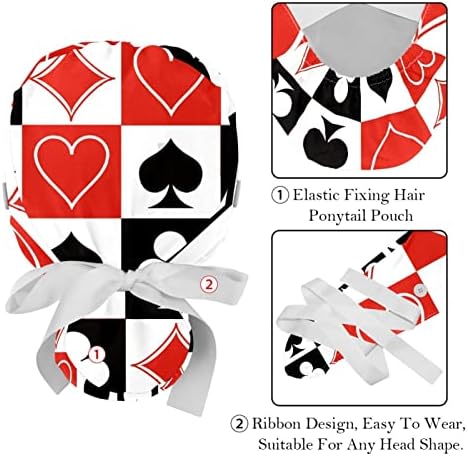 RATGDN Tıbbi Kapaklar Kadınlar için Düğmeler ile Uzun Saç, 2 Parça Ayarlanabilir Çalışma Kapağı, Özel Poker Kartı Kalpler