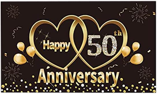 Kauayurk Mutlu 50th Düğün Yıldönümü Banner Zemin Süslemeleri, Siyah Altın 50 Yıldönümü Parti Poster Malzemeleri, ekstra Büyük