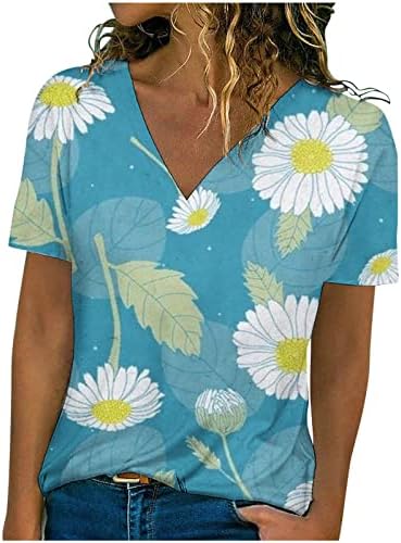 Kadınlar için yaz Üstleri, Bayan Papatya Baskılı T Gömlek Casual V Yaka Kısa Kollu Gömlek Gevşek Şık Bluz T-Shirt Tunik Üst
