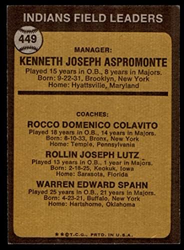 1973 Topps 449 ORG Kızılderili Liderleri Ken Aspromonte / Rocky Colavito / Joe Lutz / Warren Spahn Cleveland Kızılderilileri