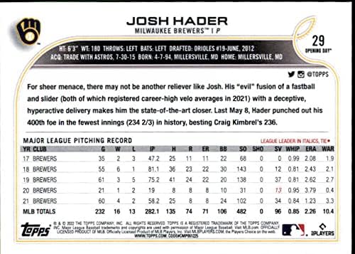 2022 Topps Açılış Günü 29 Josh Hader Milwaukee Brewers MLB Beyzbol Ticaret Kartı