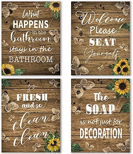 IIILUYOT Ayçiçeği Banyo Işaretleri duvar süsü Baskılar, komik Banyo Dekor Işareti Rustik Çiftlik Evi Vintage Ahşap Kelebek