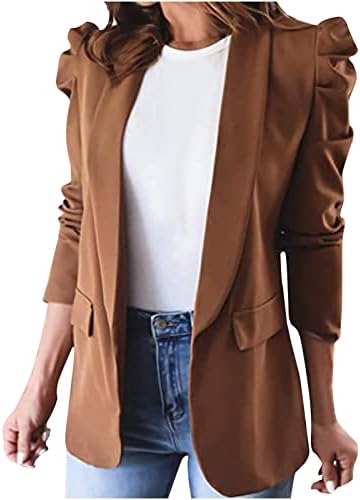Kadın 2022 Sonbahar Casual Blazers Puf Uzun Kollu Yaka Ceket Açık Ön iş elbisesi Ofis Blazer Ceketler cepler ile