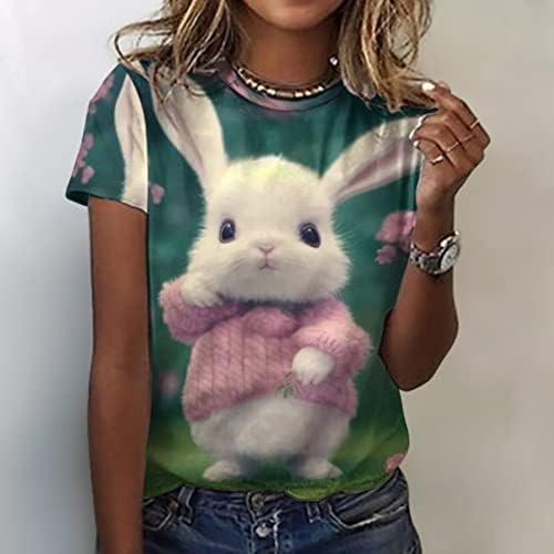 Kadın Moda Rahat paskalya tavşanı Baskı kısa kollu tişört Rahat Gevşek O-Boyun Tee Sevimli Tavşan Baskılı Bluz