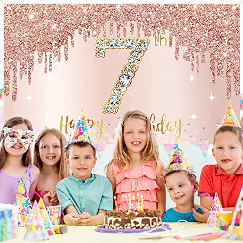 Mutlu 7th Doğum Günü Afiş Zemin Süslemeleri Kızlar için, Gül Altın 7 Yaşındaki Doğum Günü Partisi İşareti Malzemeleri, pembe