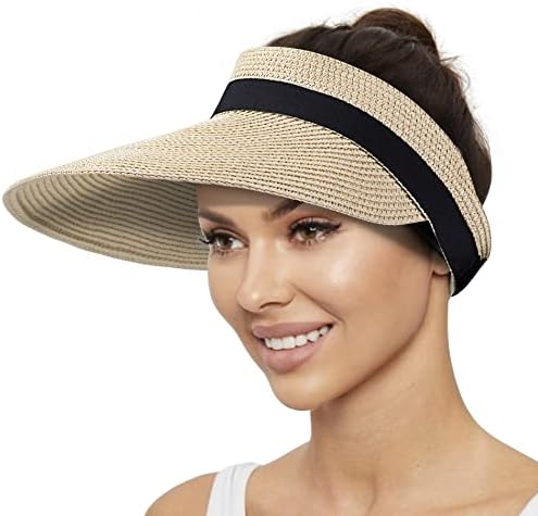 Güneşlikler Şapka Bayan Plaj Hasır Şapkalar Geniş Ağızlı Yaz Güneş UV Koruma siperlikli şapka Roll Up UPF50+ At Kuyruğu Kap