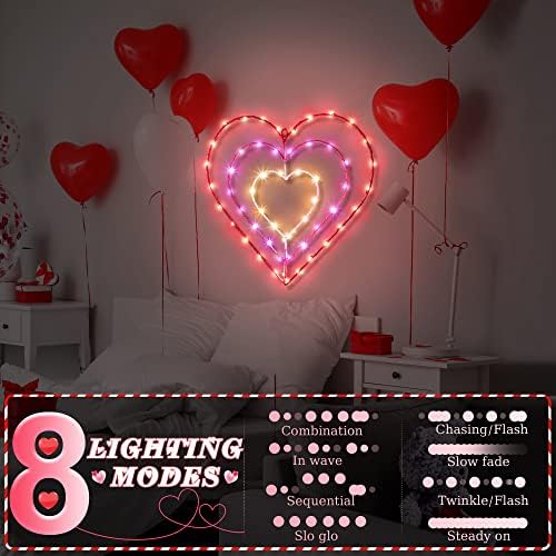 Meonum Sevgililer Günü Pencere ışığı, 8 Mod 56 LED Kırmızı Pembe Beyaz Kalp Siluet ışığı Uzaktan Kumandalı USB Fişi, Duvar