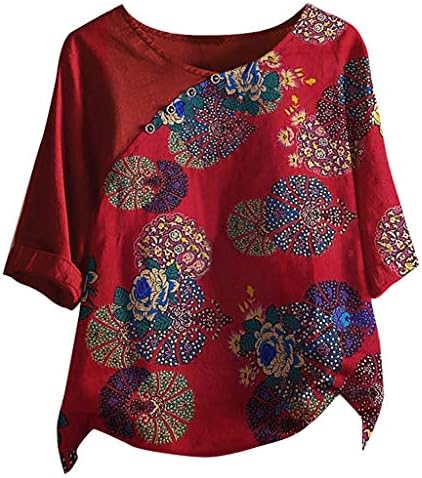 Mimacoo Retro Çiçek Baskı Gömlek Bayan Kısa Kollu Üstleri Ekip Boyun Düğmeler Tee Düzensiz Hem Bluz