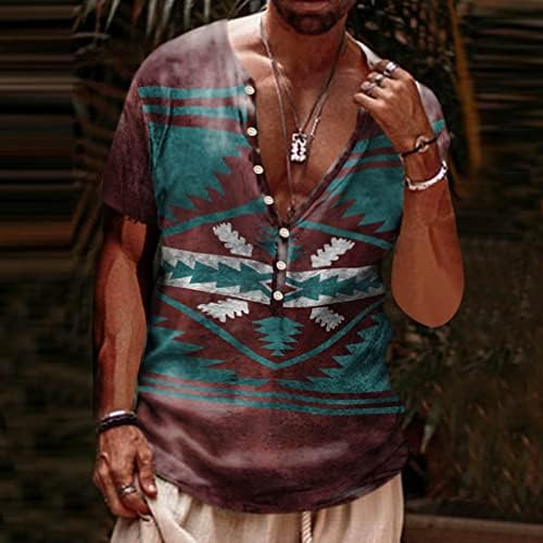 BEUU Erkek Aztek Henley Gömlek 3D Retro Sıkıntılı Boho Baskı Düğmesi V Boyun Üstleri Yaz Kısa Kollu Grafik Plaj Gömlek