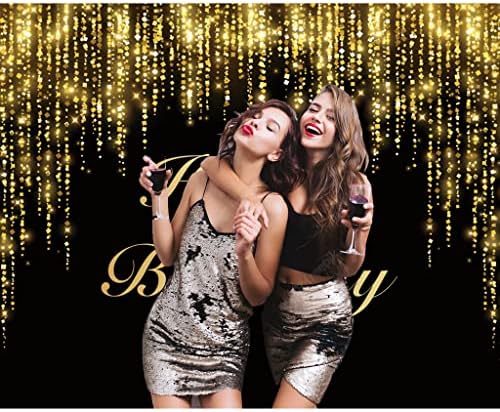 Dienalls 7x5ft Mutlu Doğum Günü Backdrop Kadınlar Kızlar için Siyah ve Altın Glitter Bokeh Pullu Noktalar Arka Plan Fotoğrafçılık