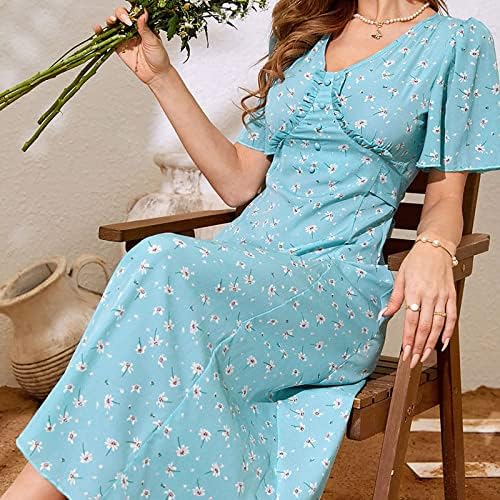 Bayan Yaz uzun elbise Boho Çiçek Wrap Yüksek Waisted V Boyun Şifon Kısa Fırfır Kollu Bir Çizgi Flowy Katmanlı Maxi Elbise