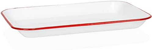 Kırmızı Co. 13.5” x 10 Emaye Metal Klasik 1.6-Quart Dikdörtgen Servis Tepsisi, Katı Beyaz / Kırmızı Jant