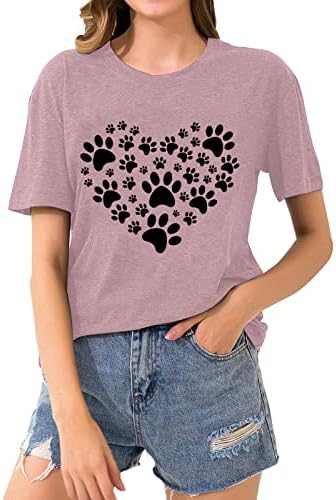 Yazlık T-Shirt Kadınlar için Sevimli Köpek Pençe Kalp Grafik Baskı Gömlek Casual Kısa Kollu Müteşekkir Tee Tops