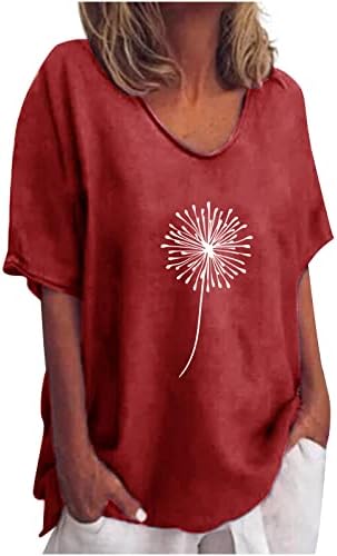 Pamuk Keten Kadınlar için Yaz Moda Karahindiba Baskı Tunik Tişörtleri Gevşek Kısa Kollu Crewneck Tees Bluzlar